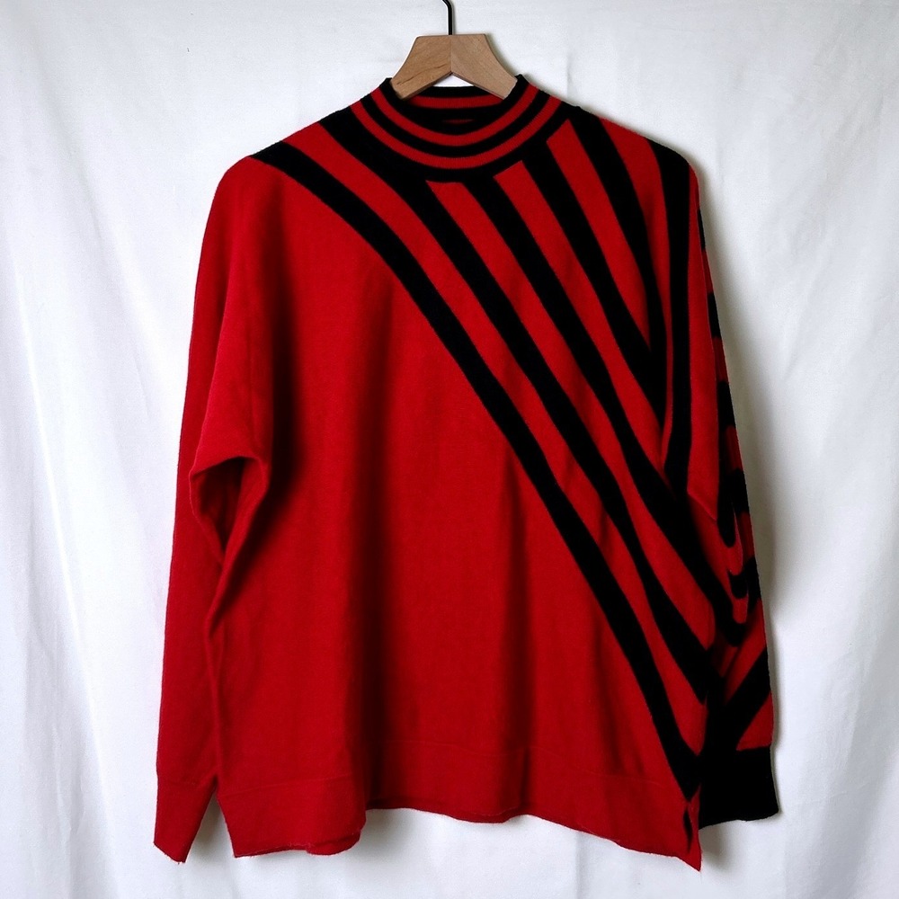Chicos Women Diagonal Stripe Mock Neck Cashmere Blend Sweater Size 2/L Red Black